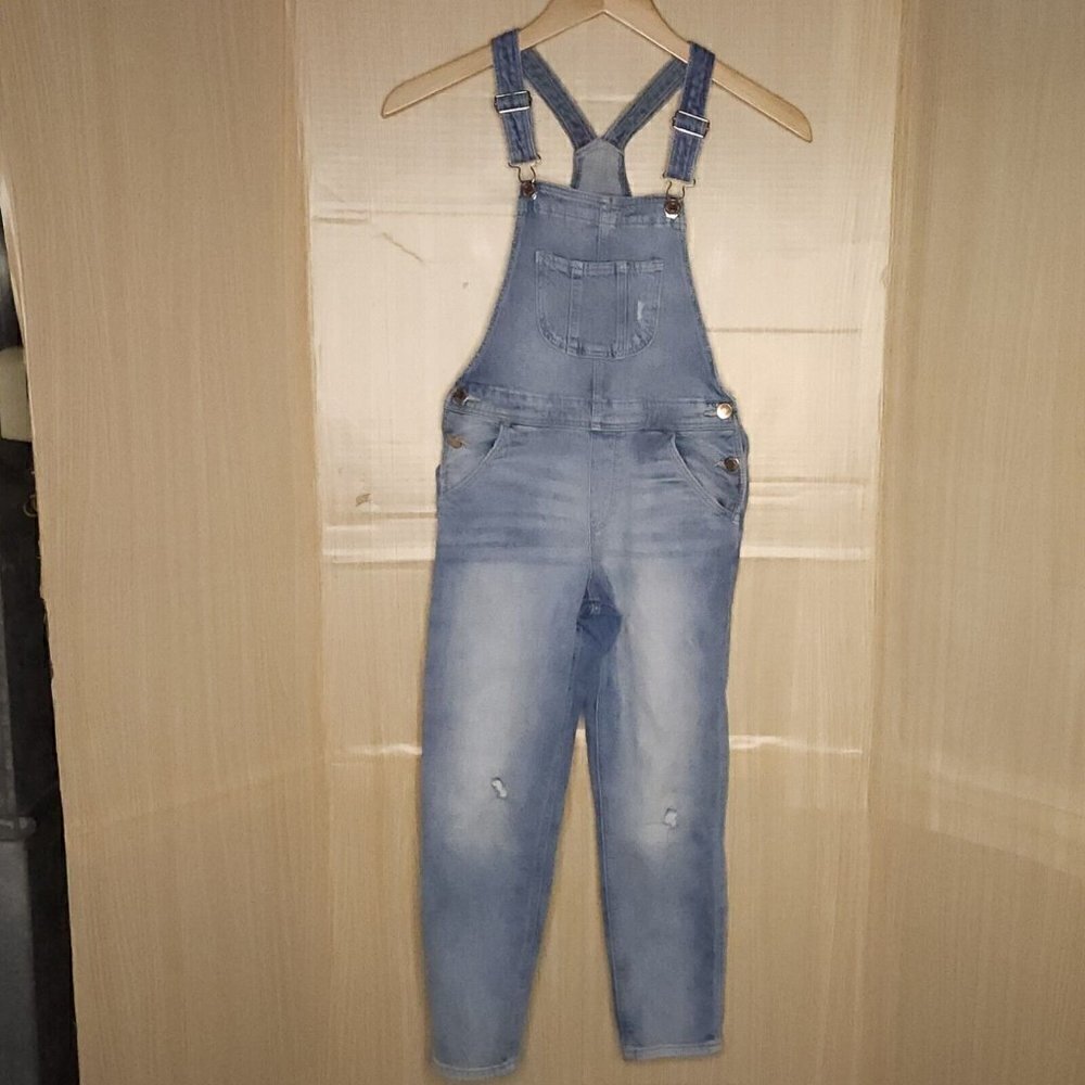 H&M Girls Light Wash Distressed Denim Overalls 8